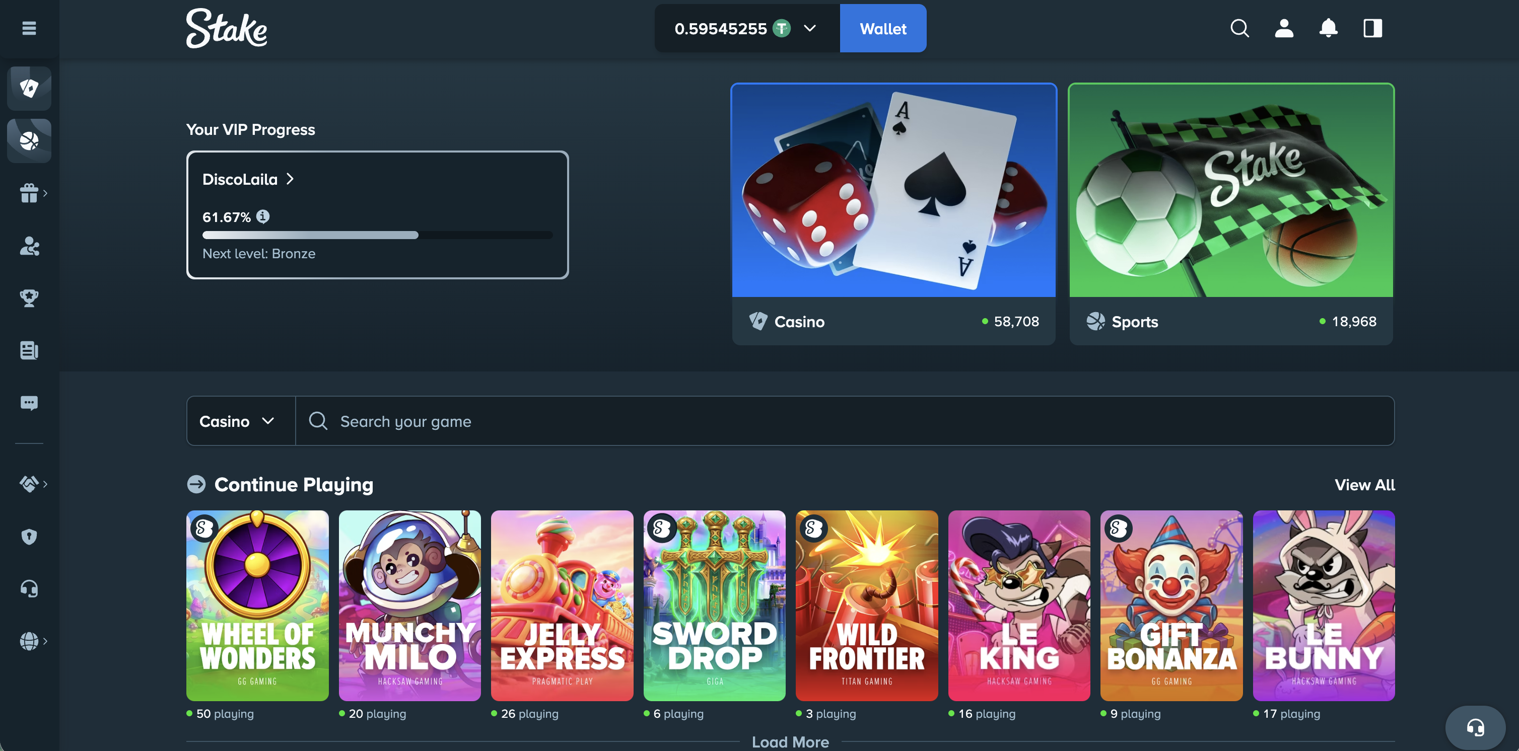 Stake casino dashboard April 30, 2026 showing 0.595 USDT balance, VIP progress 61.67% to Bronze, Continue Playing history, and 58,708 active casino players