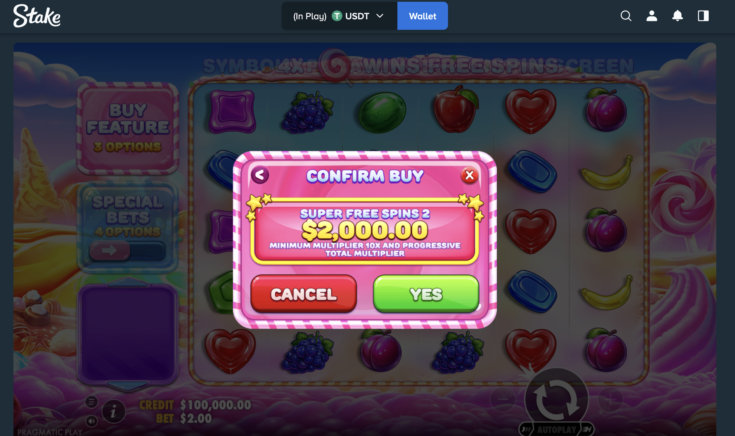 Sweet Bonanza 1000 Confirm Buy dialog: Super Free Spins 2 cost $2,000 with minimum 10x multiplier and progressive total multiplier, $2 base bet, $100,000 demo credit