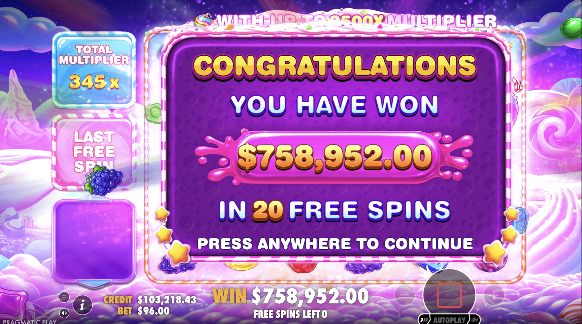 Sweet Bonanza 1000 final result: $758,952 won across 20 free spins at 345x total multiplier